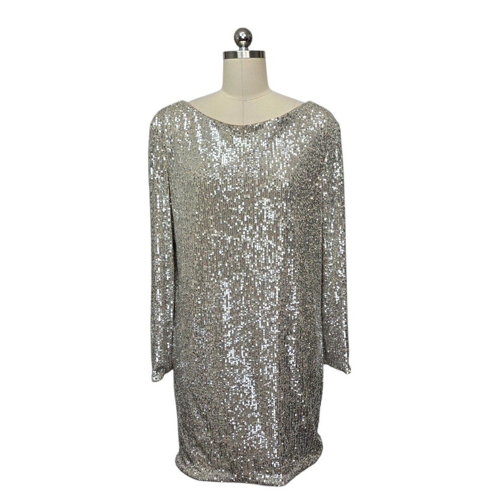 La Femme Silver Sequin Long Sleeve V-Back Cocktail Dress Size 6 Mini Shift